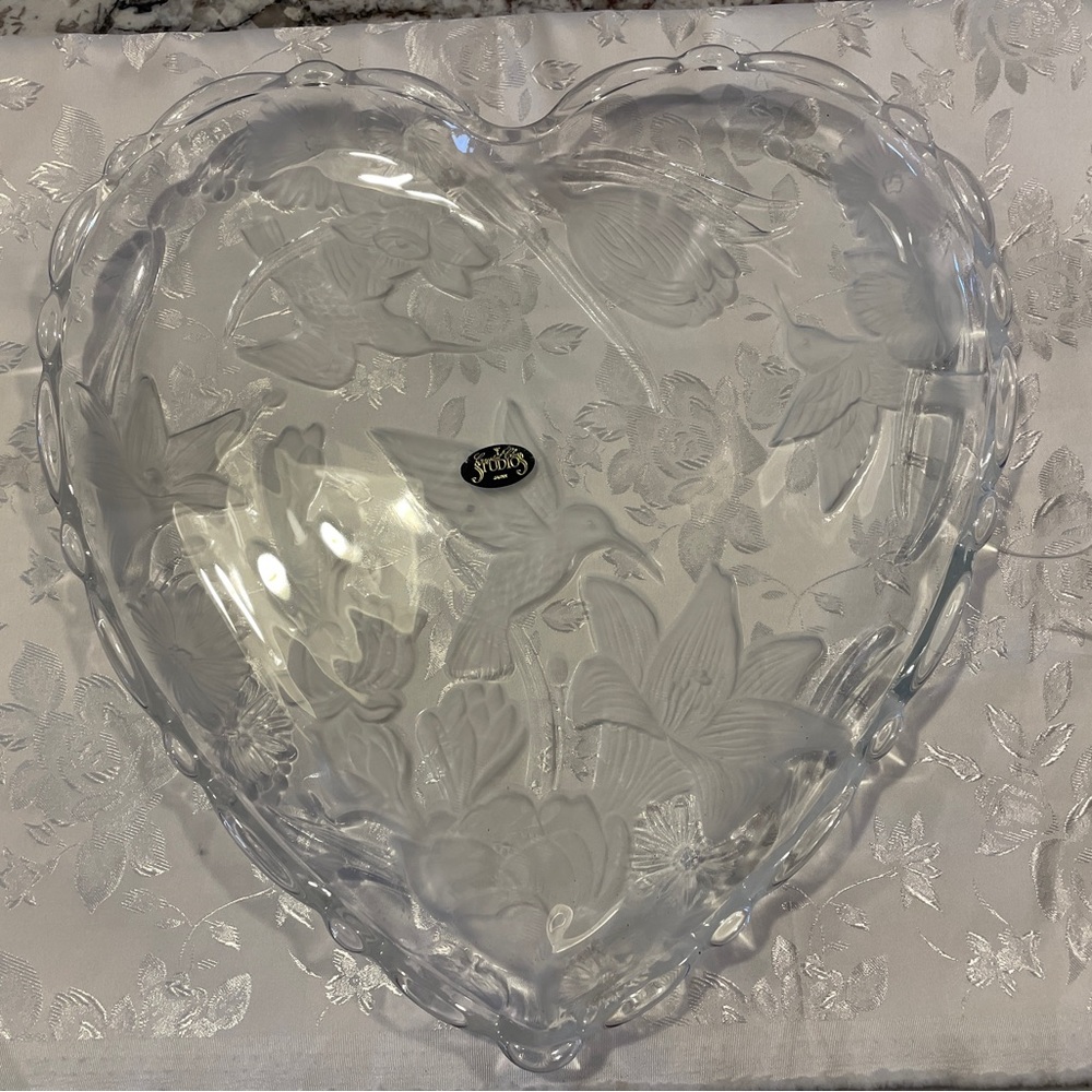 Crystal Clear Studio Valentine Heart Shape Glass Serving Tray Hummingbirds Lilly
